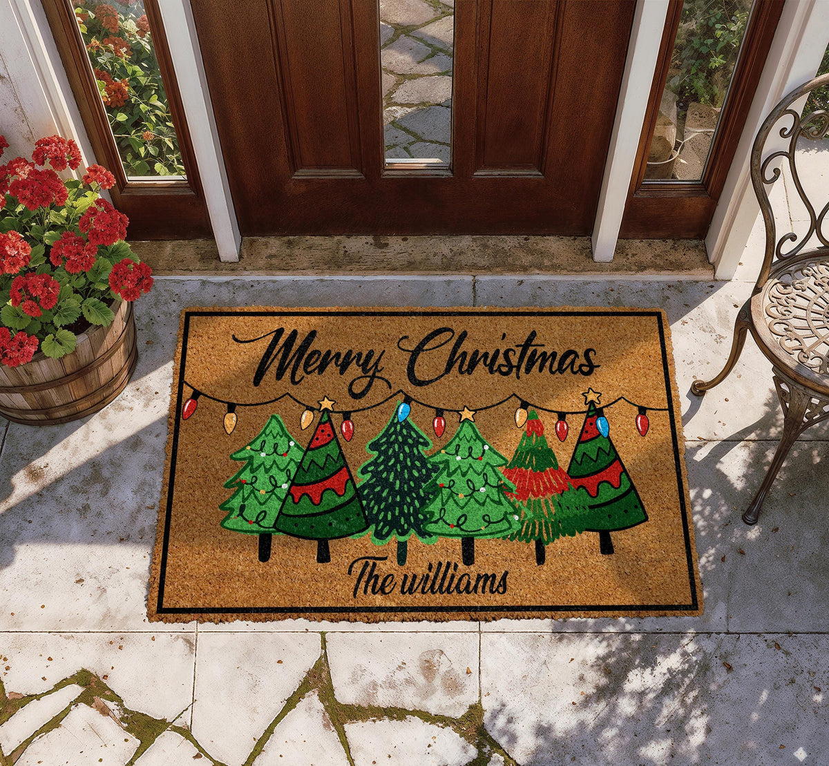 Personalized Merry Christmas Welcome Mat, Custom Family Name Christmas Trees Doormat