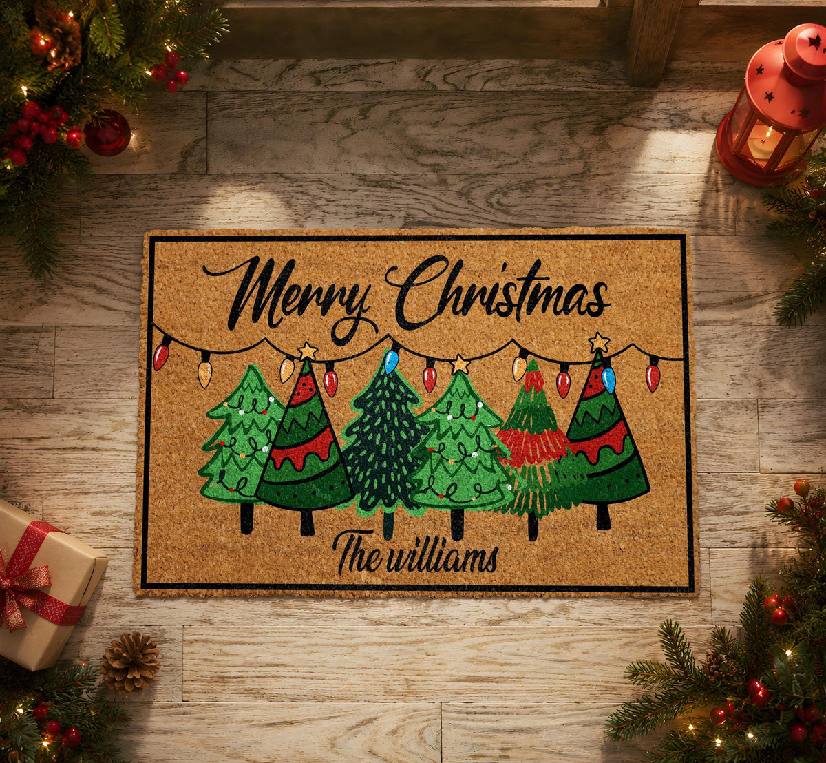 Personalized Merry Christmas Welcome Mat, Custom Family Name Christmas Trees Doormat