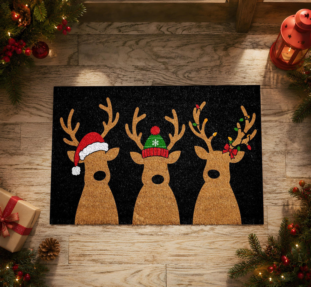 Cute Reindeers Family Design Welcome Mat, Winter Festive Santa Hat Doormat