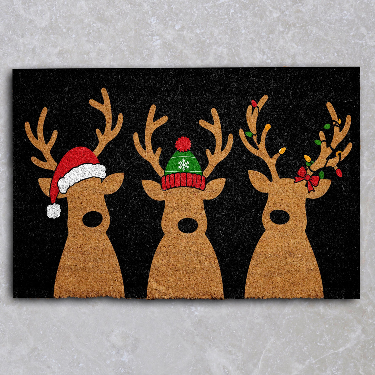 Cute Reindeers Family Design Welcome Mat, Winter Festive Santa Hat Doormat