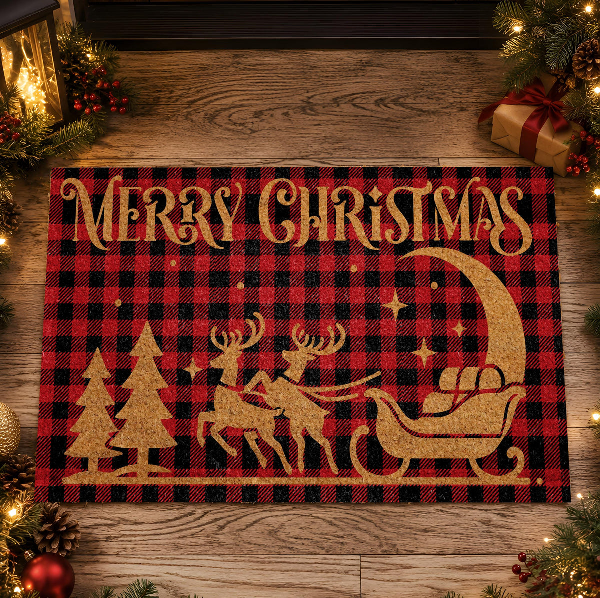 Red Buffalo Plaid Santa Sleigh Doormat, Merry Christmas Welcome Mat