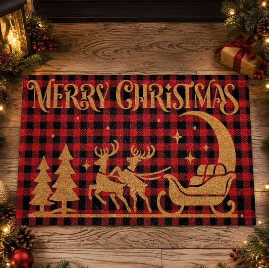 Red Buffalo Plaid Santa Sleigh Doormat, Merry Christmas Welcome Mat