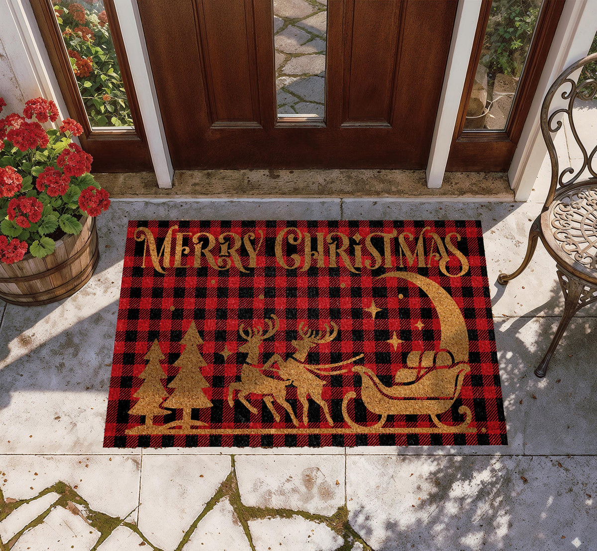 Red Buffalo Plaid Santa Sleigh Doormat, Merry Christmas Welcome Mat