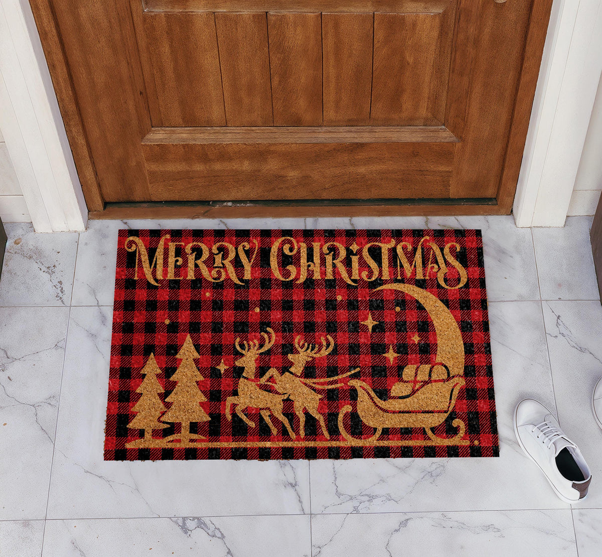 Red Buffalo Plaid Santa Sleigh Doormat, Merry Christmas Welcome Mat