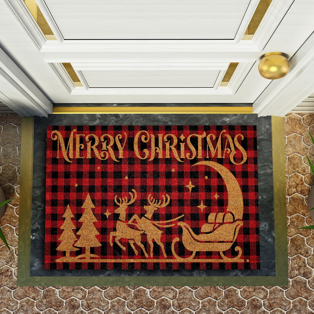 Red Buffalo Plaid Santa Sleigh Doormat, Merry Christmas Welcome Mat