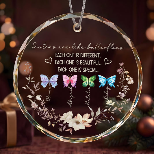 Custom Sisters Are Like Butterflies Glass Ornament, Personalized Floral Siblings Christmas Gift