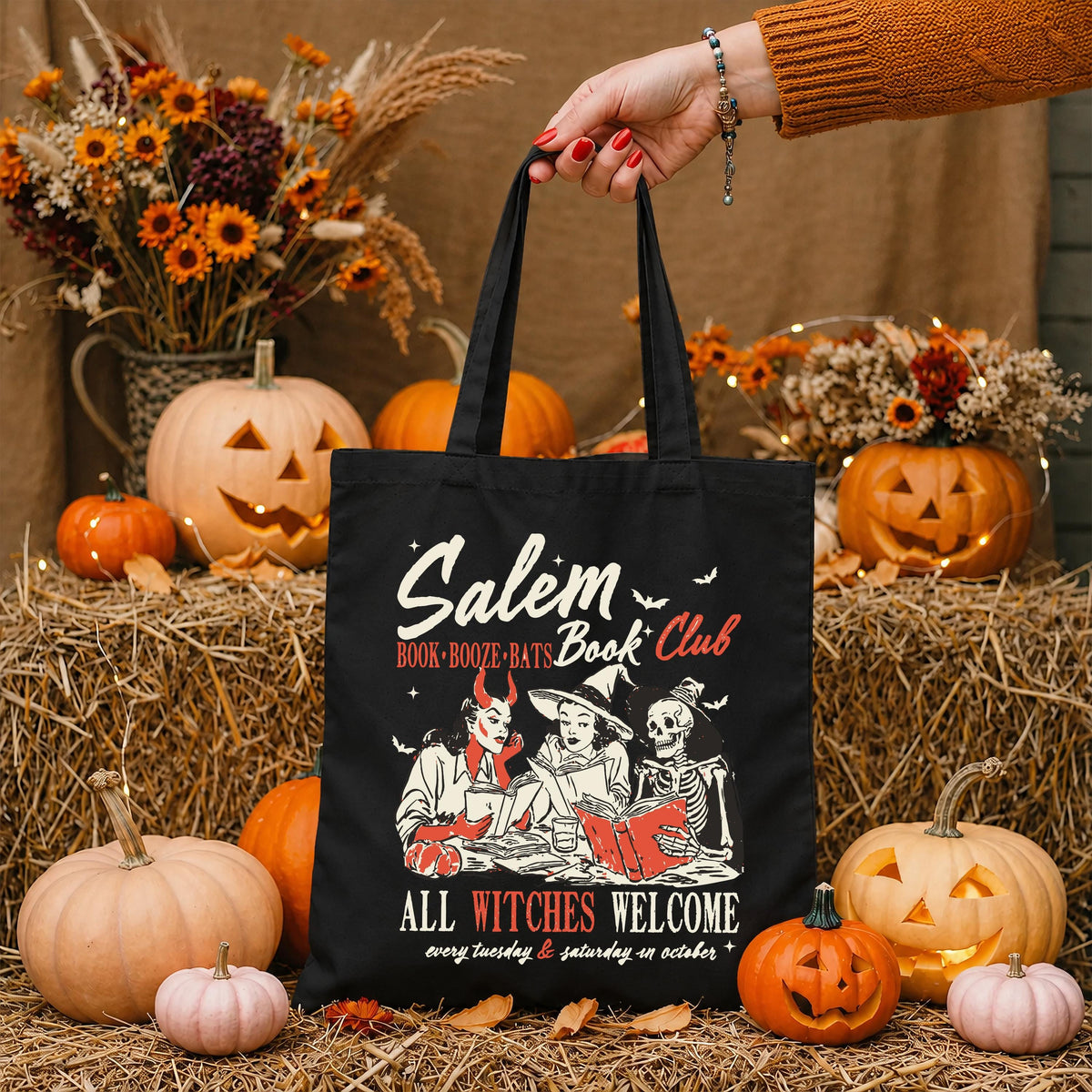 Reading Witches Tote Bag, Spooky Book Lover Tote, Halloween Gift Tote Bag