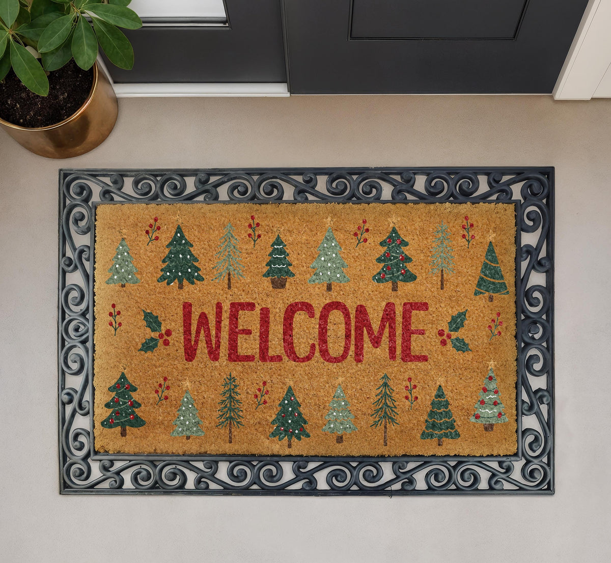 Personalized Christmas Tree Welcome Mat, Coir Doormat, Rustic Holiday Decor