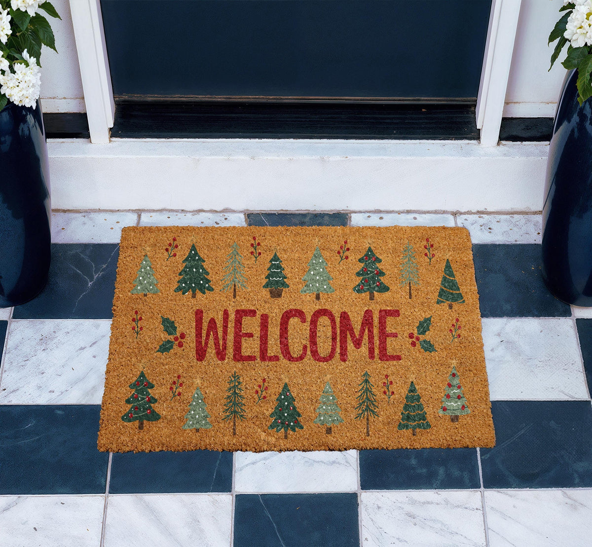 Personalized Christmas Tree Welcome Mat, Coir Doormat, Rustic Holiday Decor