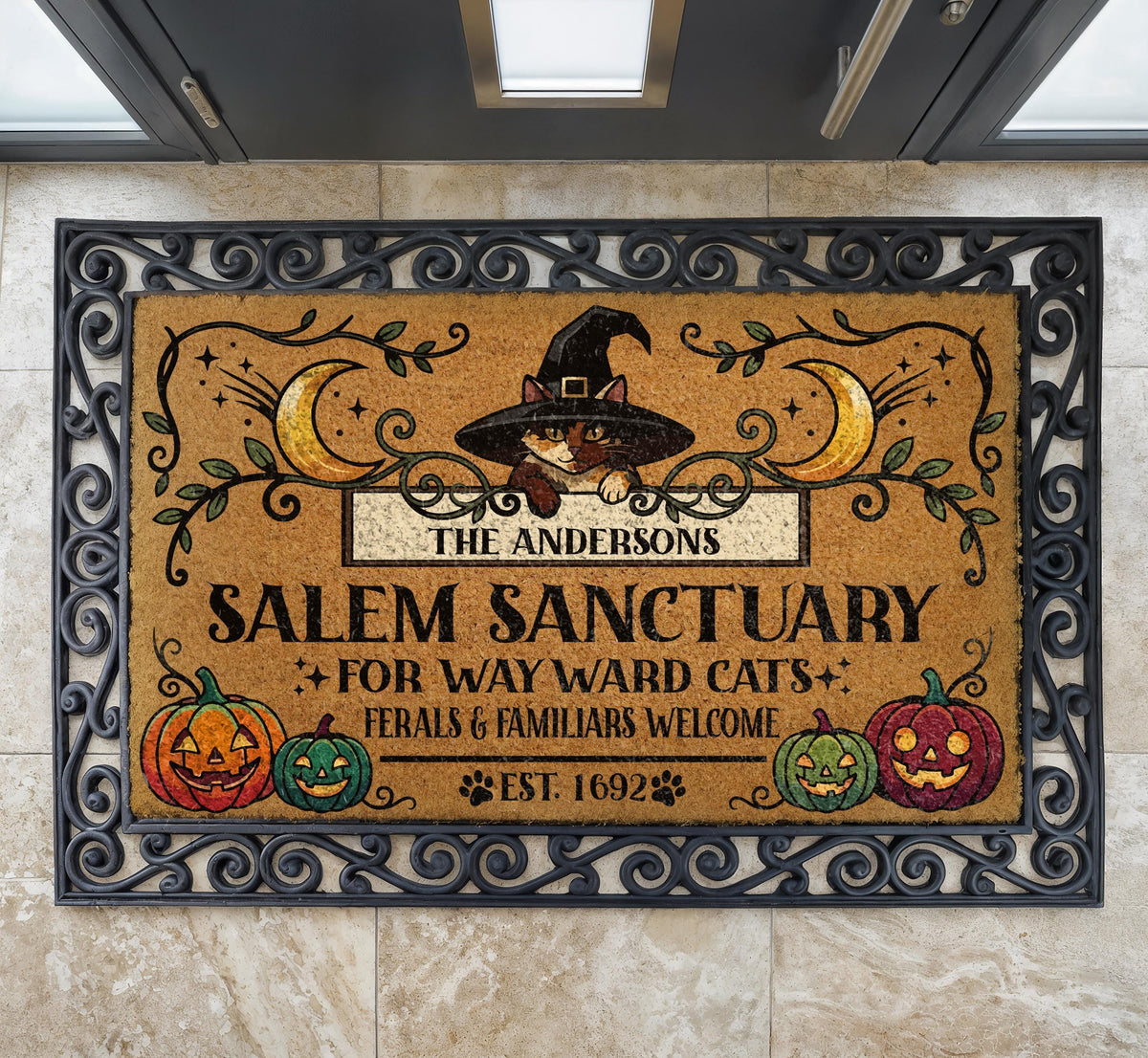 Personalized Halloween Cat Doormat, Salem Sanctuary Welcome Mat, Witchy Cat Front Porch Decor