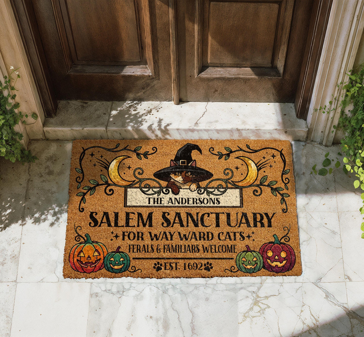 Personalized Halloween Cat Doormat, Salem Sanctuary Welcome Mat, Witchy Cat Front Porch Decor