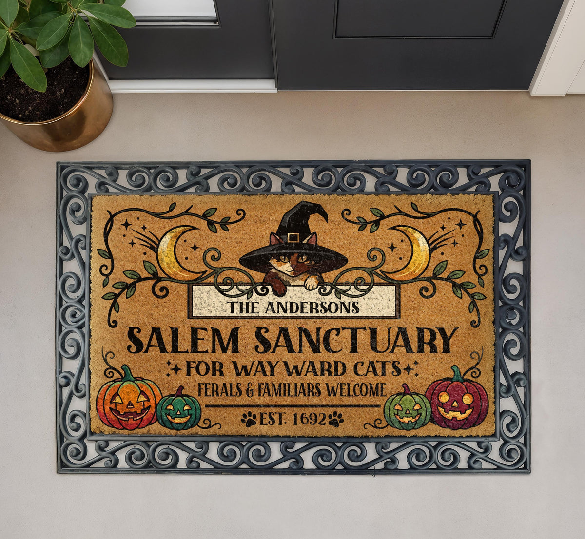Personalized Halloween Cat Doormat, Salem Sanctuary Welcome Mat, Witchy Cat Front Porch Decor