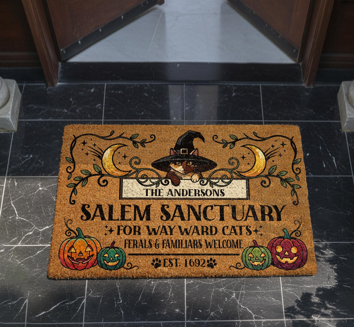 Personalized Halloween Cat Doormat, Salem Sanctuary Welcome Mat, Witchy Cat Front Porch Decor