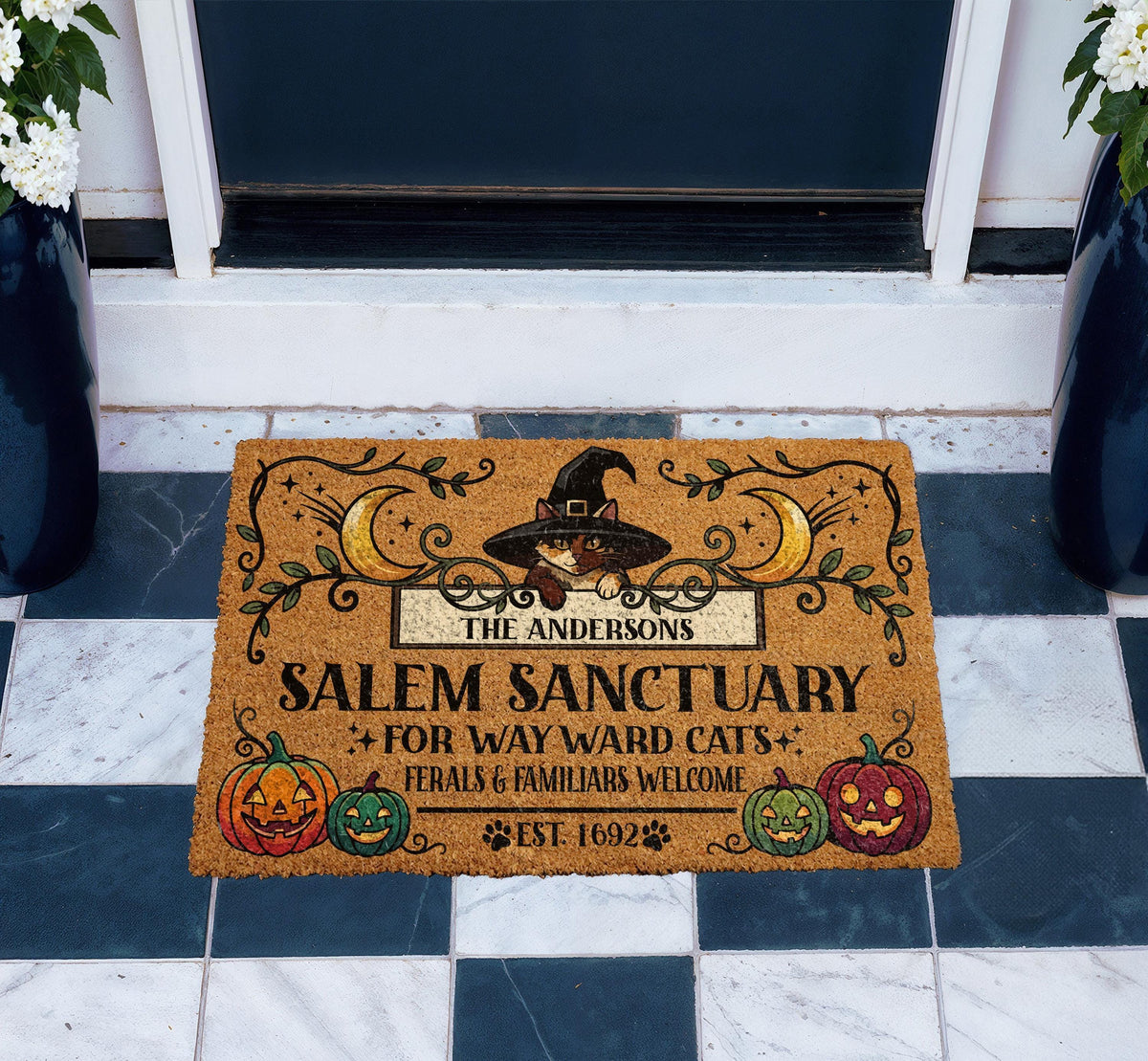 Personalized Halloween Cat Doormat, Salem Sanctuary Welcome Mat, Witchy Cat Front Porch Decor