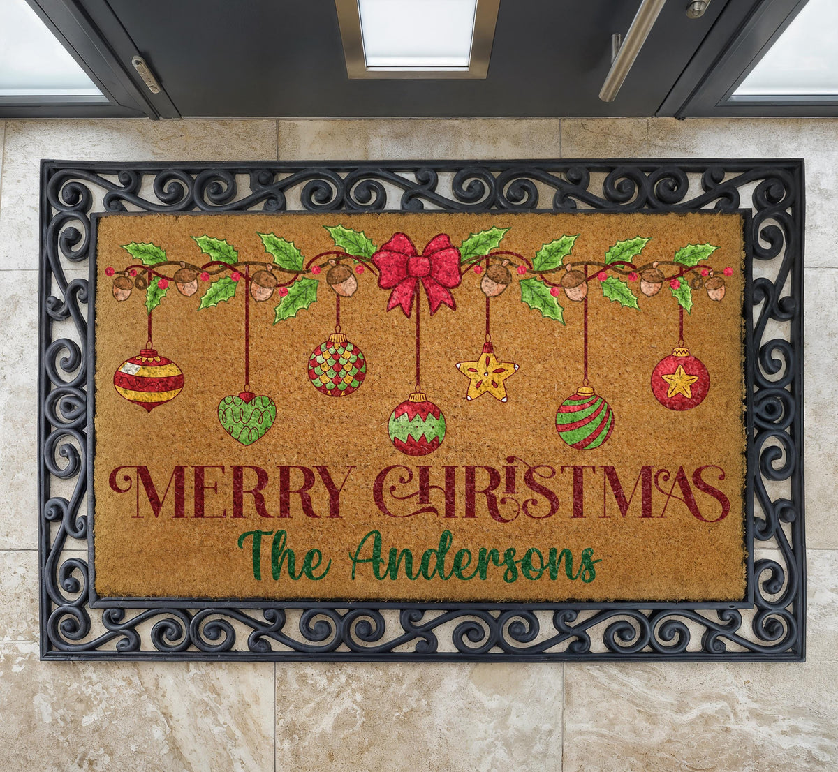Personalized Family Name Christmas Doormat, Coir Welcome Mat, Holiday Porch Decor
