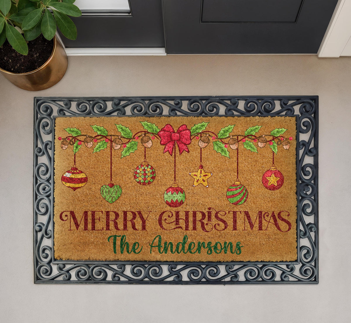 Personalized Family Name Christmas Doormat, Coir Welcome Mat, Holiday Porch Decor