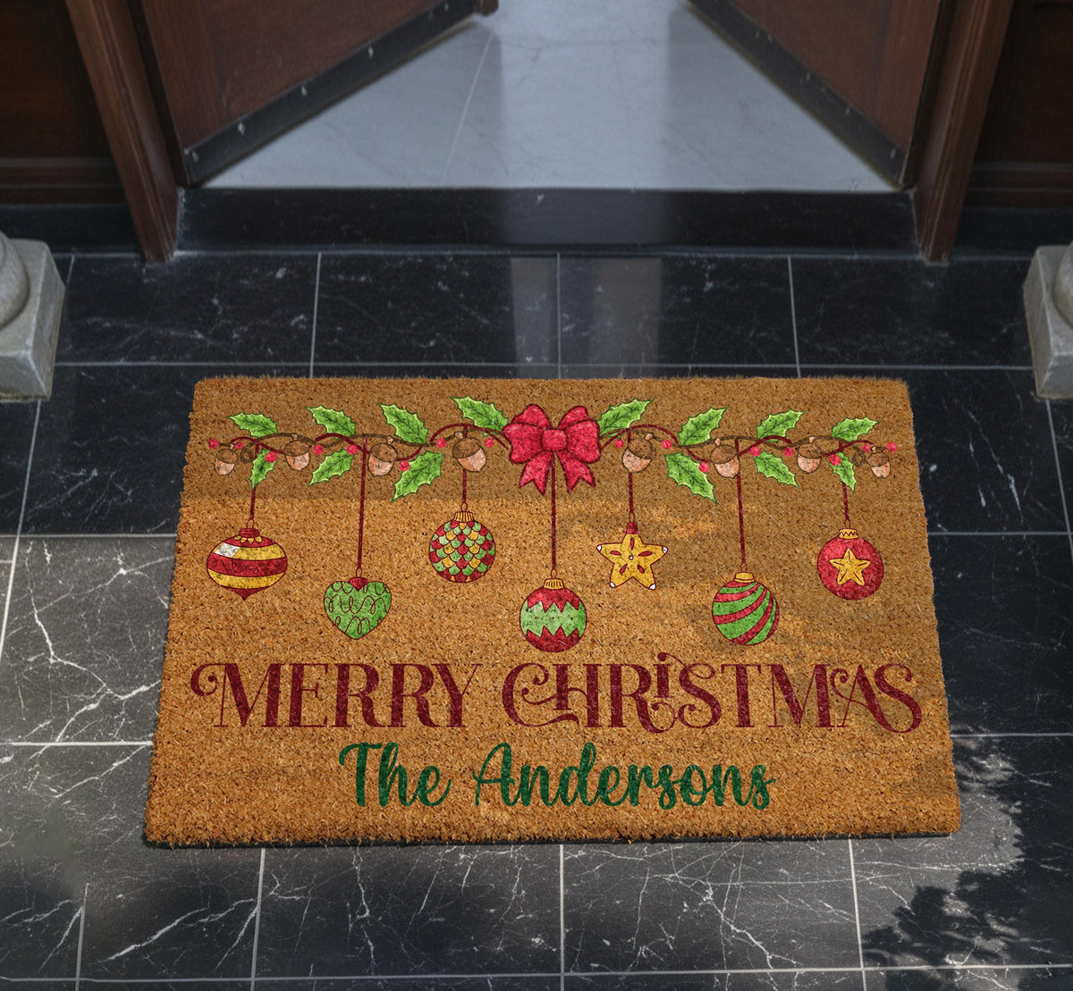 Personalized Family Name Christmas Doormat, Coir Welcome Mat, Holiday Porch Decor