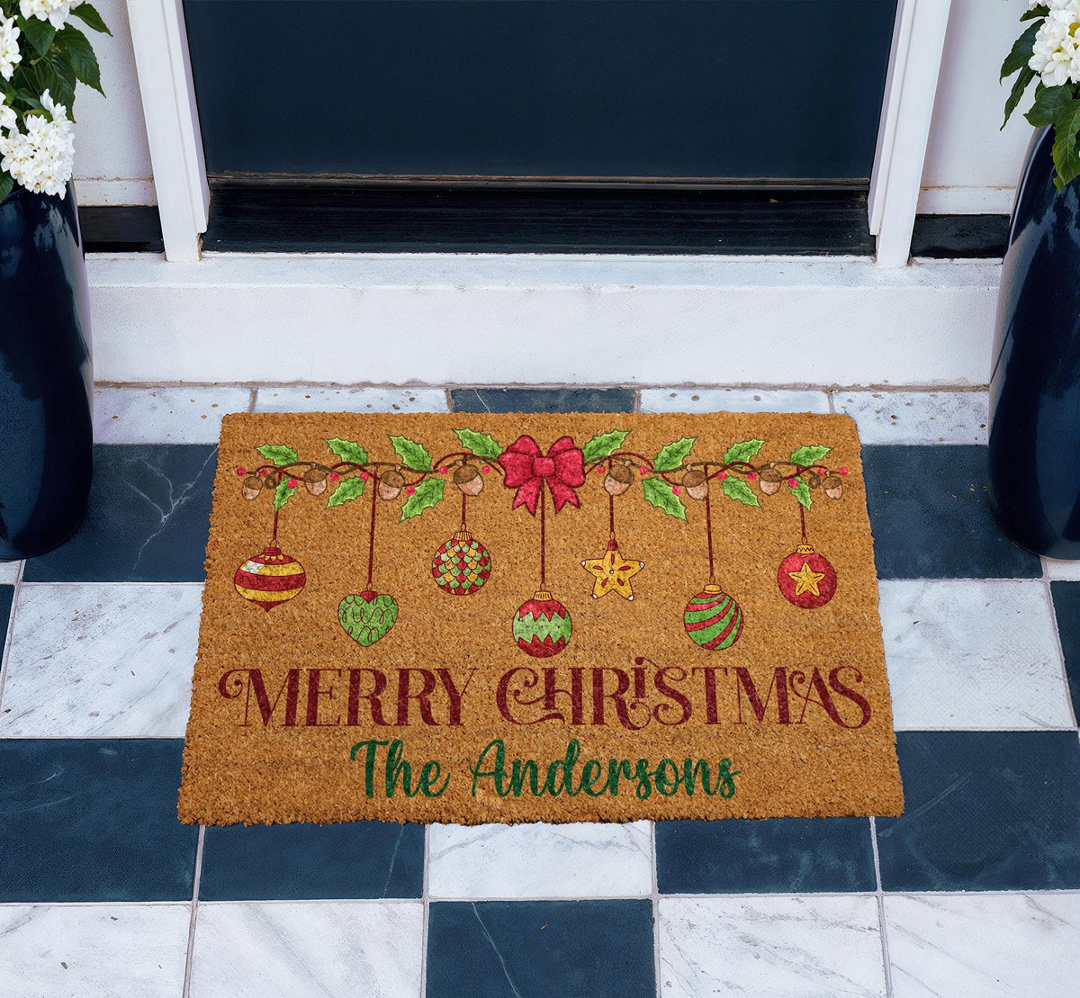 Personalized Family Name Christmas Doormat, Coir Welcome Mat, Holiday Porch Decor