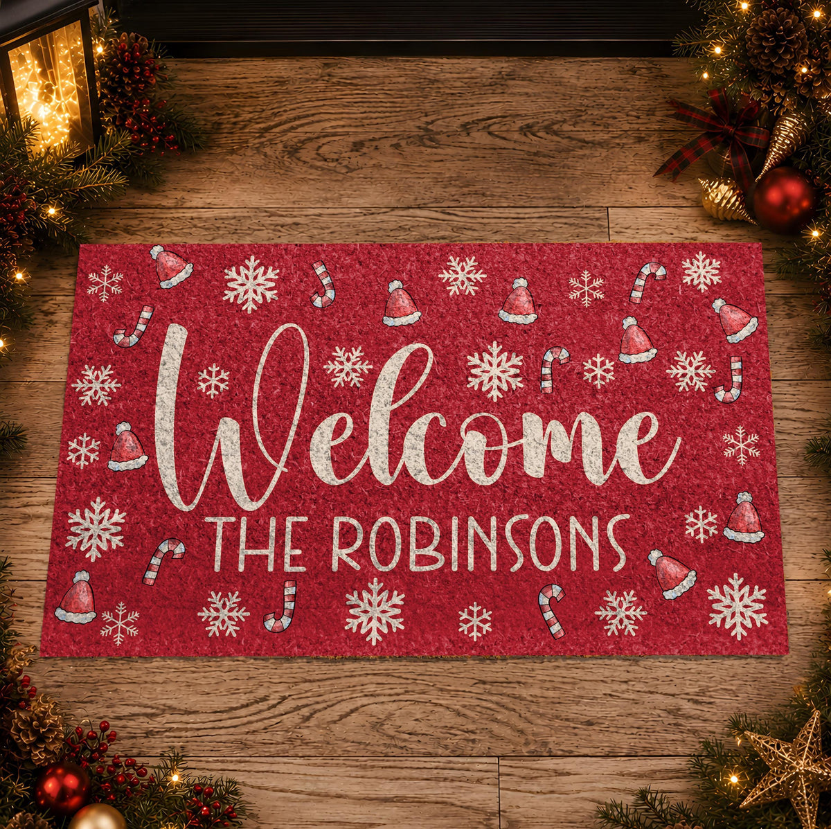 Custom Red Christmas Doormat, Santa Hat Snowflake Welcome Mat (Family Name)