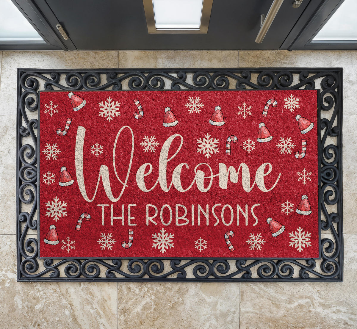 Custom Red Christmas Doormat, Santa Hat Snowflake Welcome Mat (Family Name)