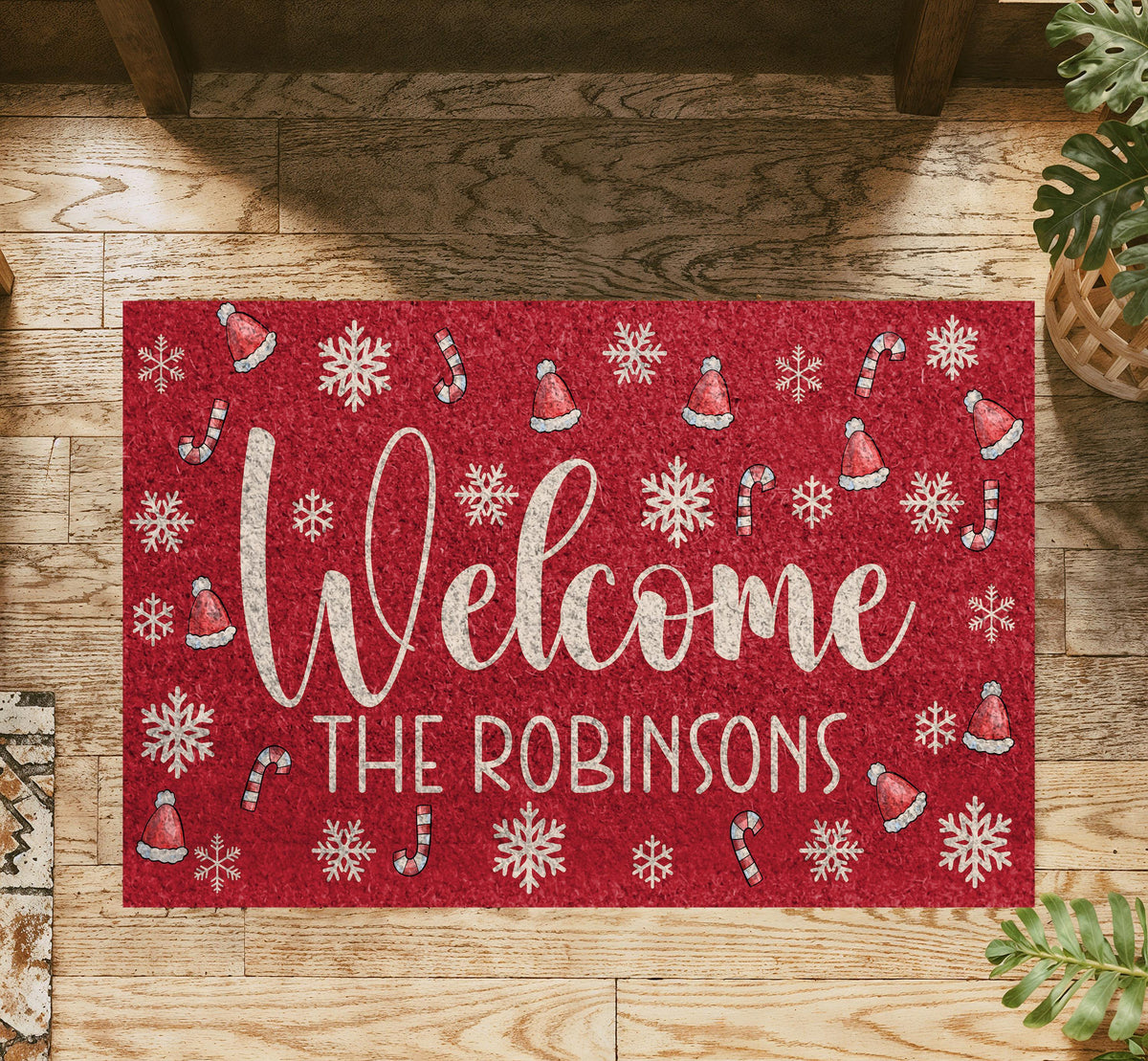 Custom Red Christmas Doormat, Santa Hat Snowflake Welcome Mat (Family Name)