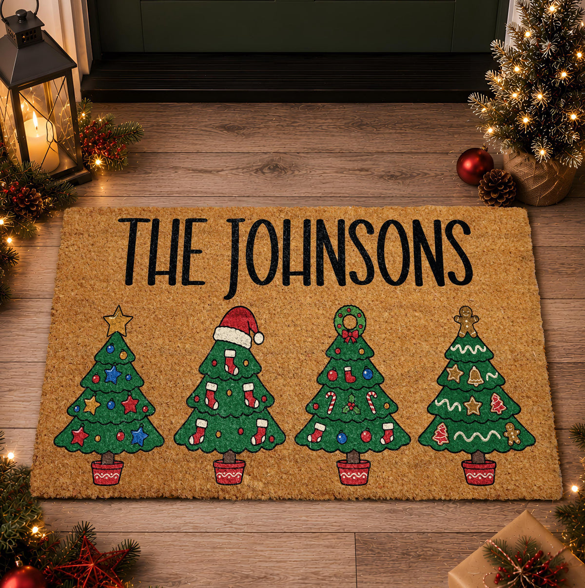 Personalized Christmas Tree Doormat, Custom Family Name Holiday Welcome Mat, Festive Front Porch Decor