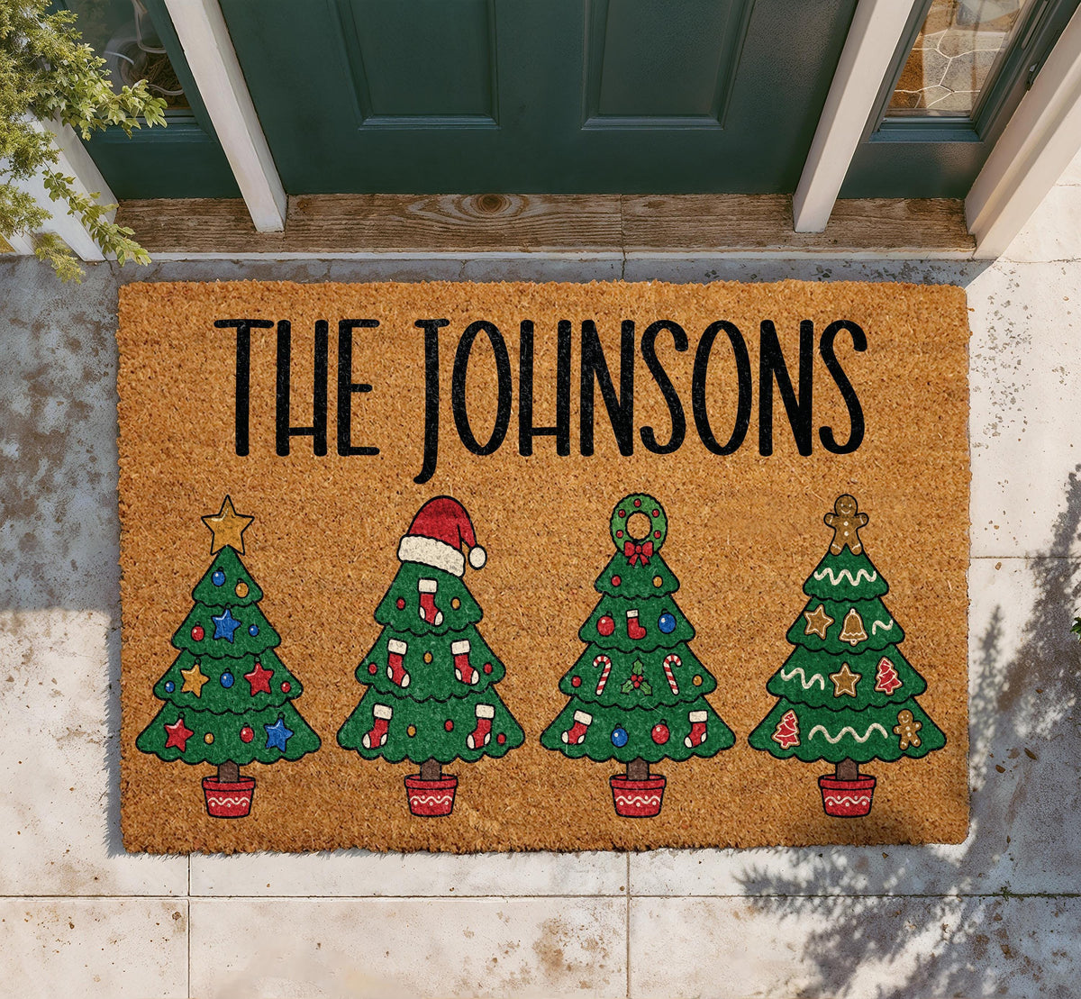 Personalized Christmas Tree Doormat, Custom Family Name Holiday Welcome Mat, Festive Front Porch Decor