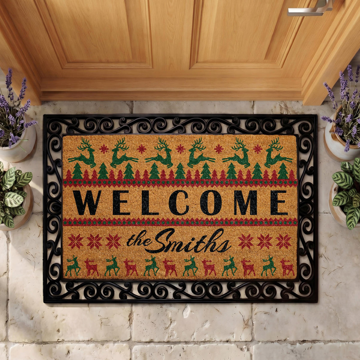 Custom Ugly Christmas Sweater Doormat, Reindeer Holiday Welcome Mat, Winter Festive Front Porch Decor