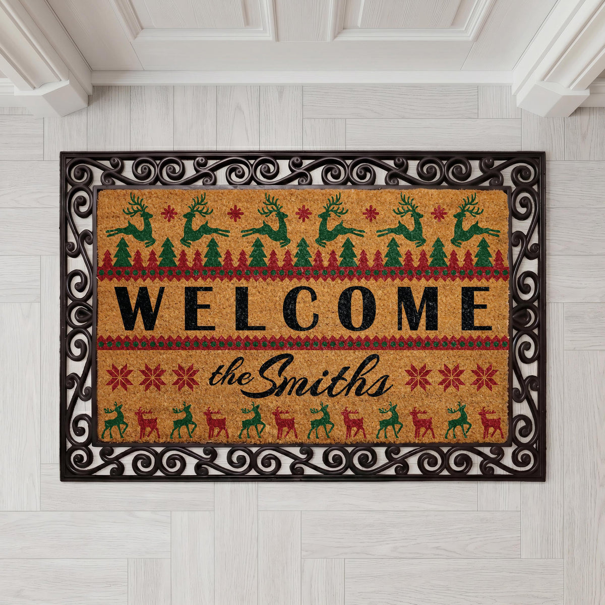 Custom Ugly Christmas Sweater Doormat, Reindeer Holiday Welcome Mat, Winter Festive Front Porch Decor