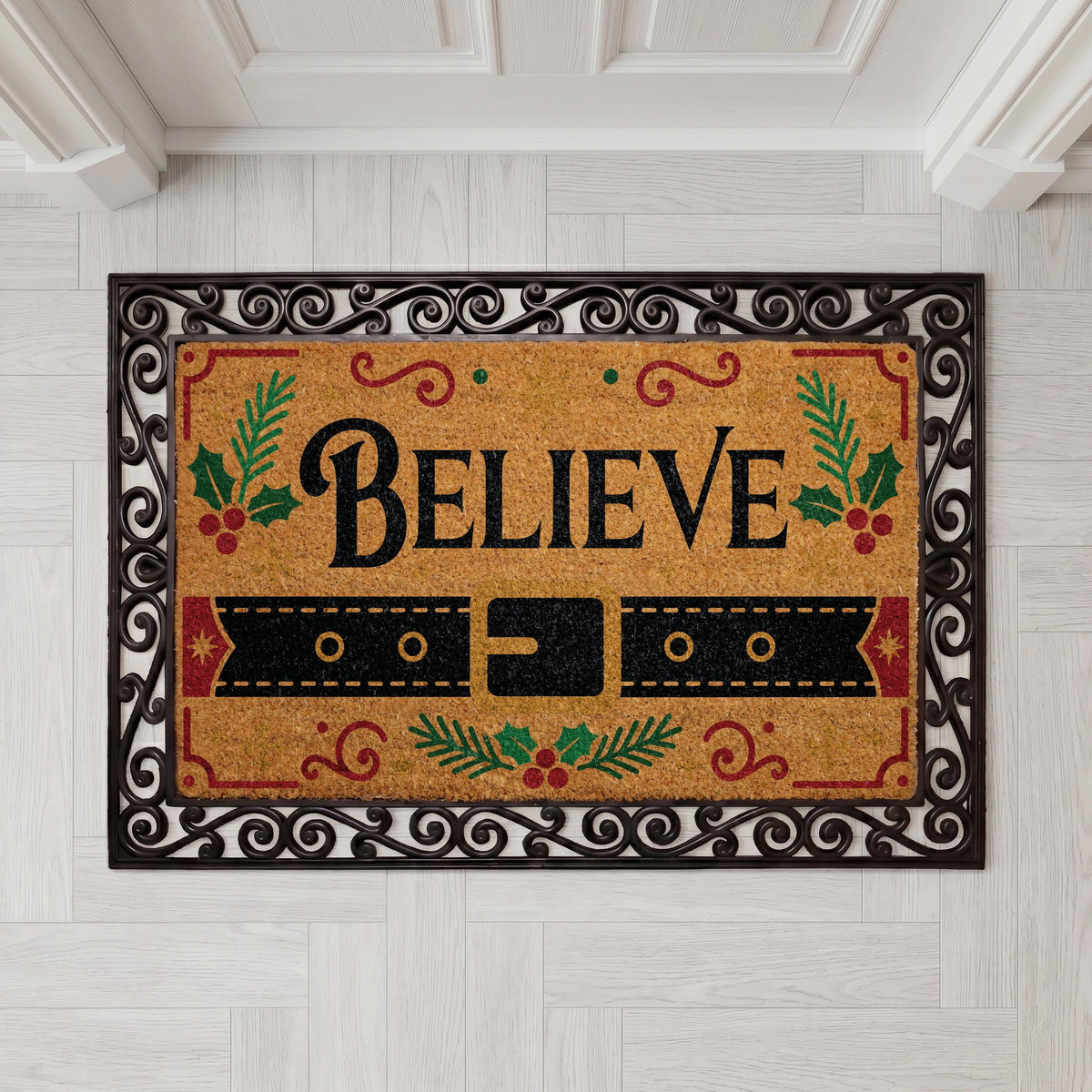 Believe Christmas Doormat, Santa Belt Welcome Mat, Festive Porch Decor