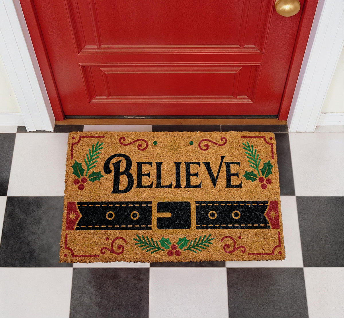 Believe Christmas Doormat, Santa Belt Welcome Mat, Festive Porch Decor