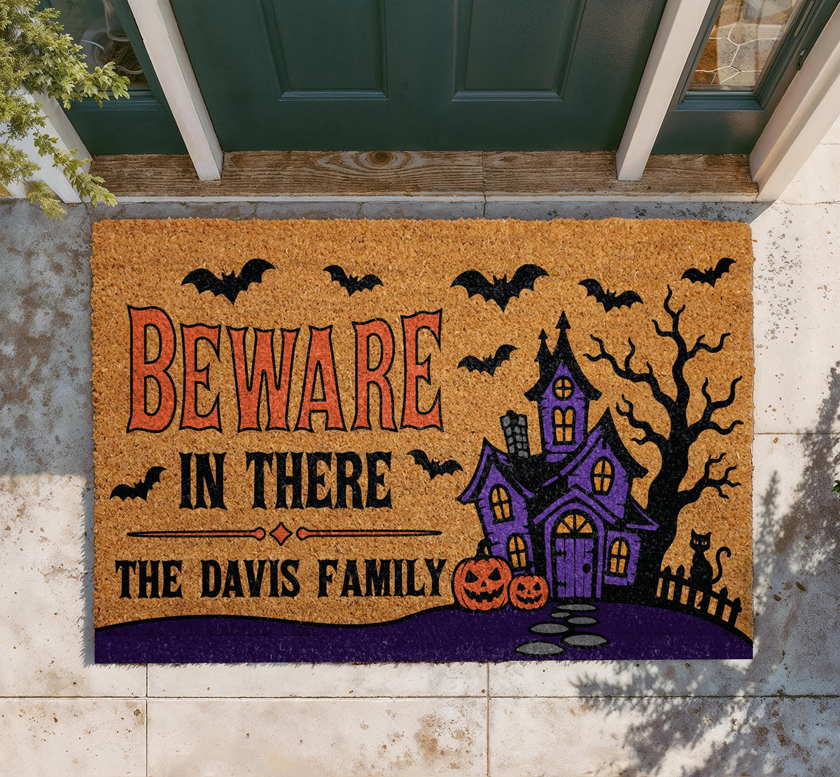 Custom Beware In There Halloween Doormat, Haunted House Welcome Mat (Personalized)