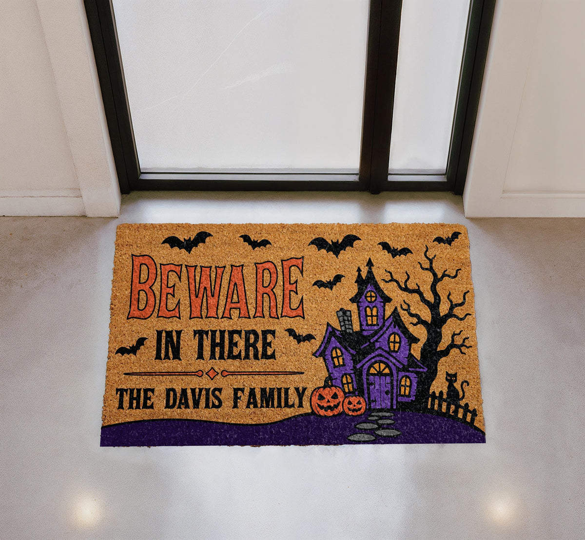 Custom Beware In There Halloween Doormat, Haunted House Welcome Mat (Personalized)