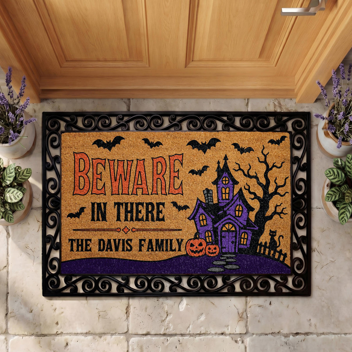 Custom Beware In There Halloween Doormat, Haunted House Welcome Mat (Personalized)