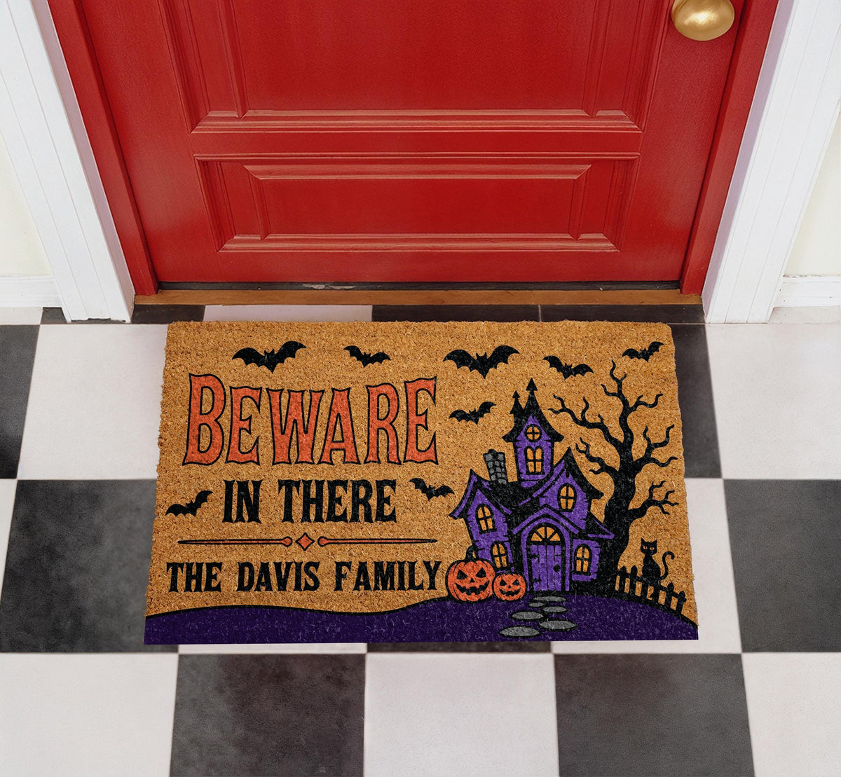 Custom Beware In There Halloween Doormat, Haunted House Welcome Mat (Personalized)