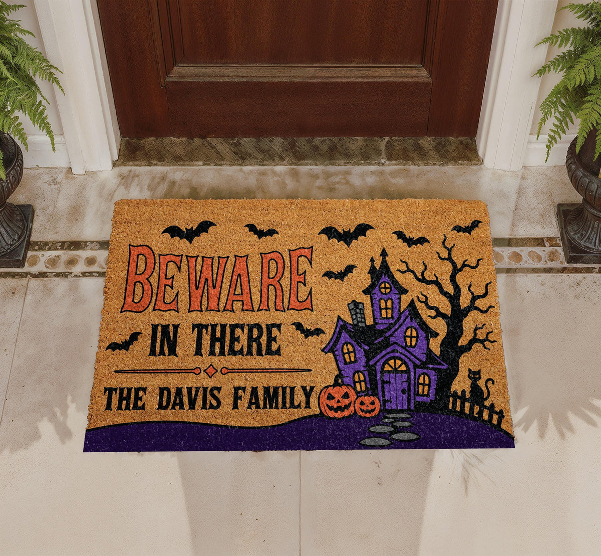 Custom Beware In There Halloween Doormat, Haunted House Welcome Mat (Personalized)