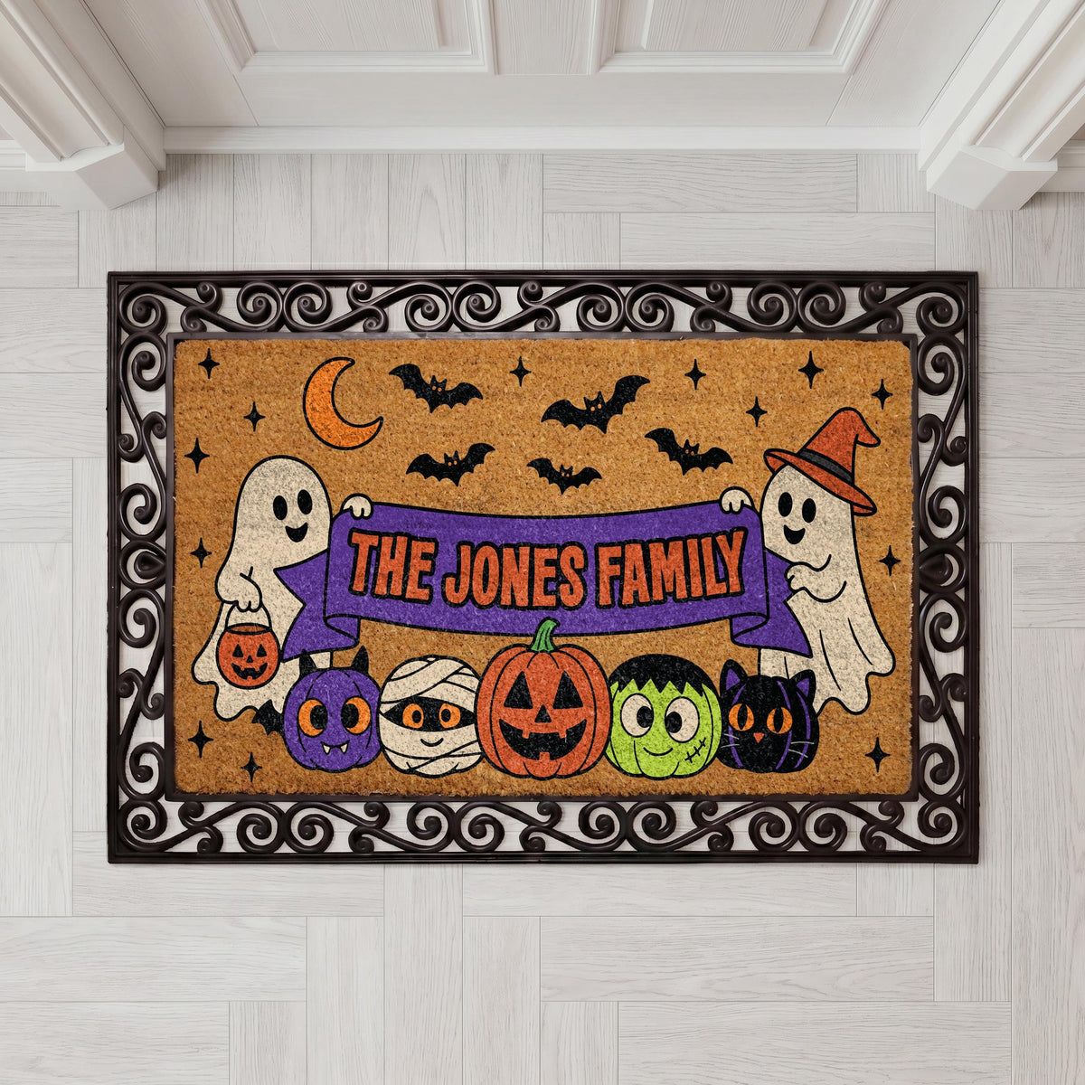 Personalized Halloween Doormat, Spooky Ghosts, Bats, Pumpkins, Family Name (Coir)