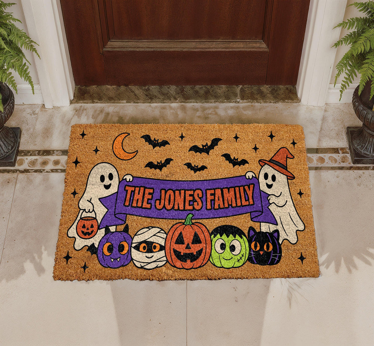 Personalized Halloween Doormat, Spooky Ghosts, Bats, Pumpkins, Family Name (Coir)