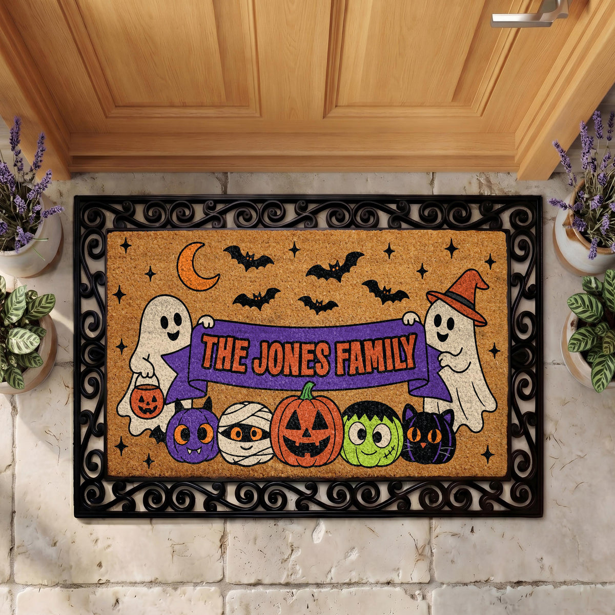Personalized Halloween Doormat, Spooky Ghosts, Bats, Pumpkins, Family Name (Coir)