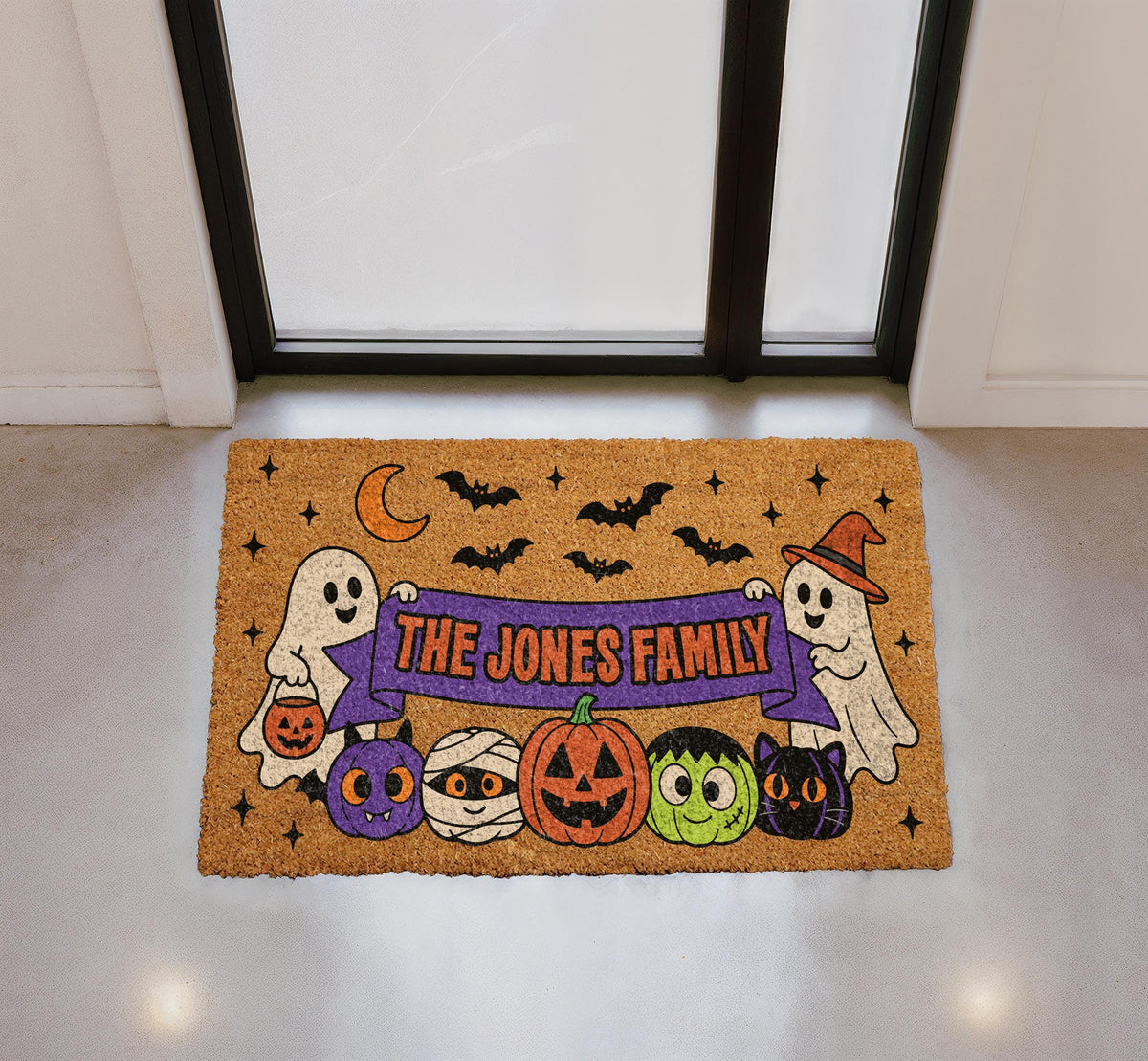 Personalized Halloween Doormat, Spooky Ghosts, Bats, Pumpkins, Family Name (Coir)