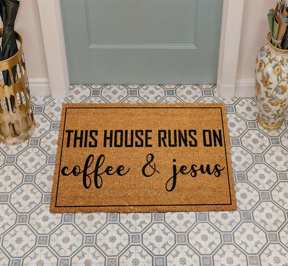 Coffee and Jesus Welcome Mat - Rustic Christian Entryway Rug, Religious Home Decor
