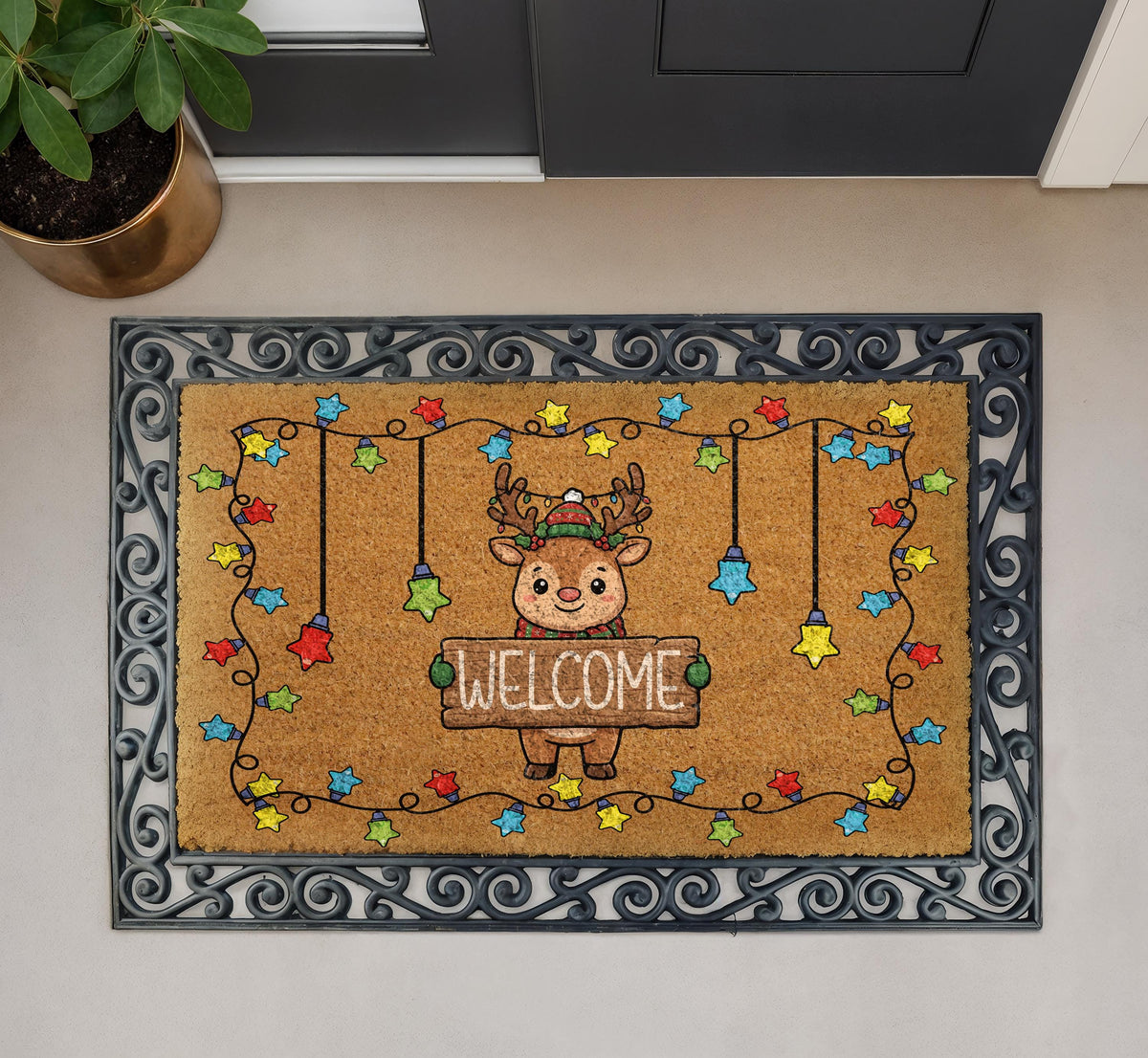 Cute Reindeer Christmas Lights Welcome Mat, Festive Star Lights Doormat