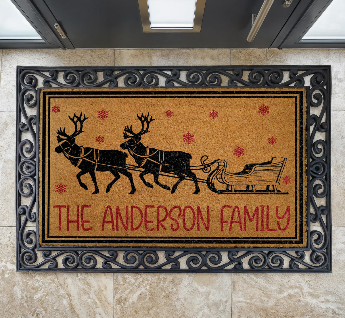 Custom Reindeer Sleigh Christmas Doormat, Snowflake Winter Welcome Mat