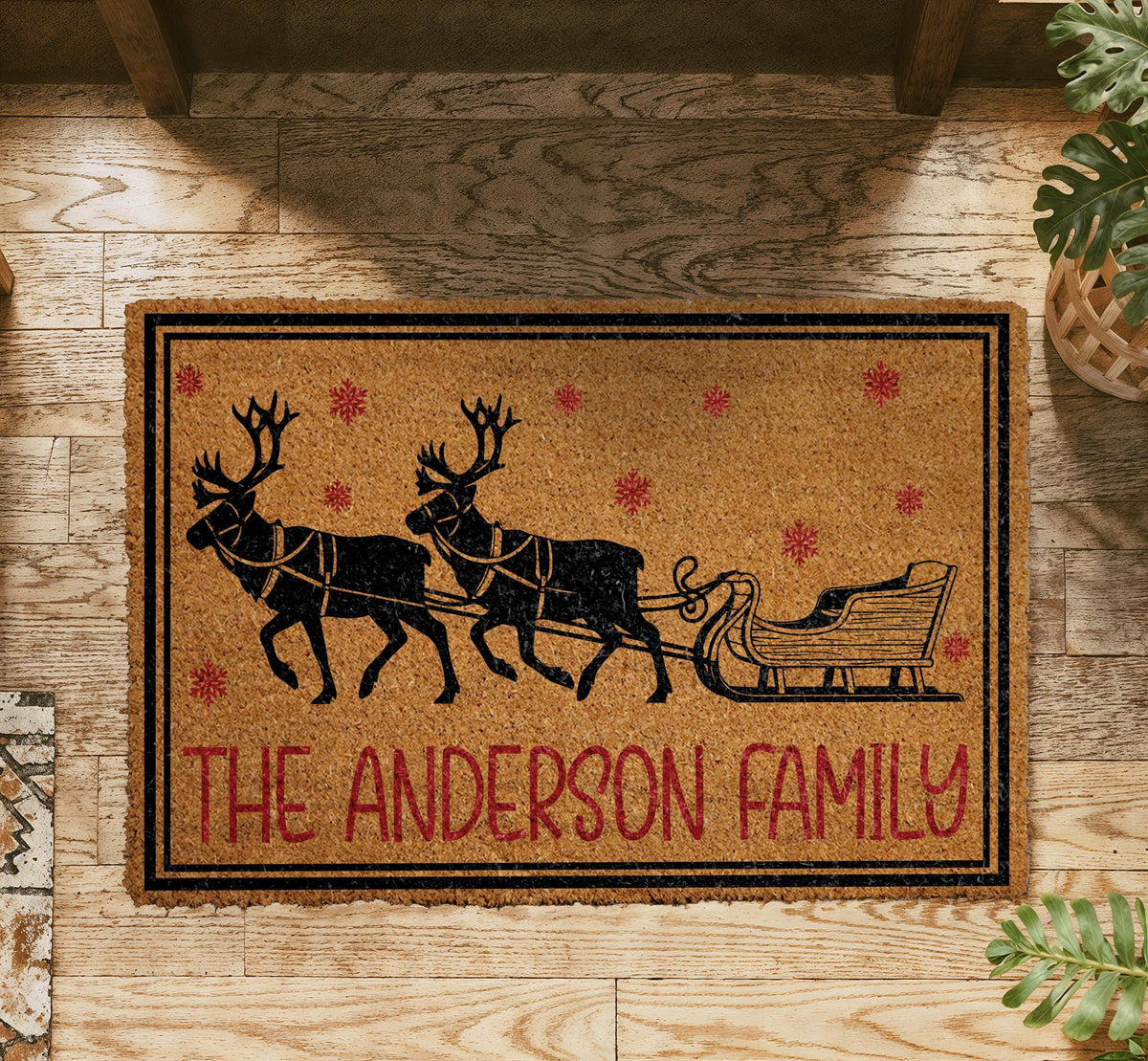 Custom Reindeer Sleigh Christmas Doormat, Snowflake Winter Welcome Mat