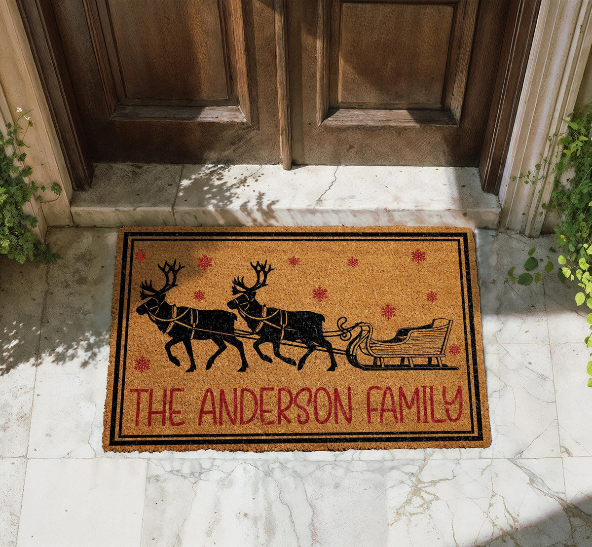 Custom Reindeer Sleigh Christmas Doormat, Snowflake Winter Welcome Mat