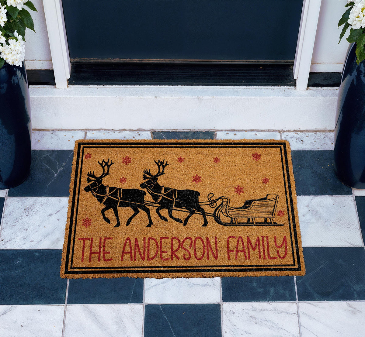 Custom Reindeer Sleigh Christmas Doormat, Snowflake Winter Welcome Mat