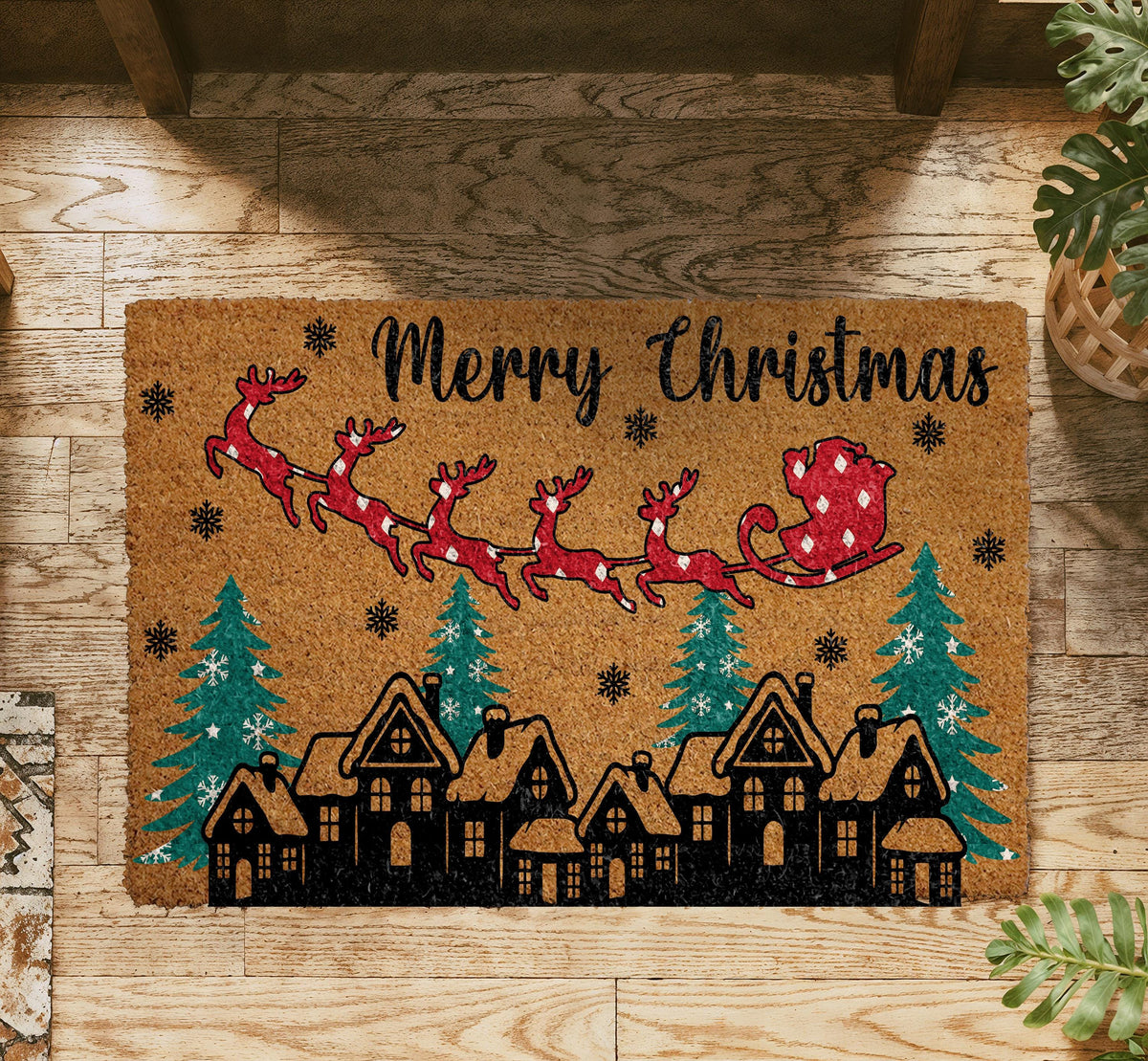 Merry Christmas Santa Sleigh and Reindeer Doormat, Traditional Christmas Welcome Mat