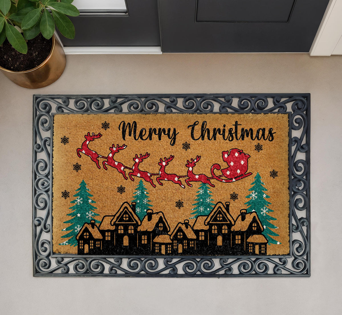 Merry Christmas Santa Sleigh and Reindeer Doormat, Traditional Christmas Welcome Mat