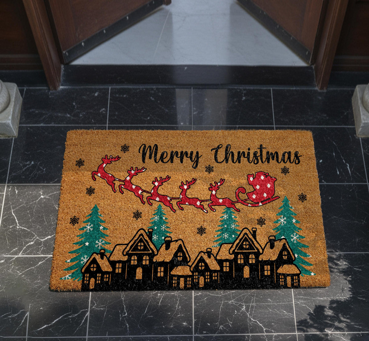Merry Christmas Santa Sleigh and Reindeer Doormat, Traditional Christmas Welcome Mat