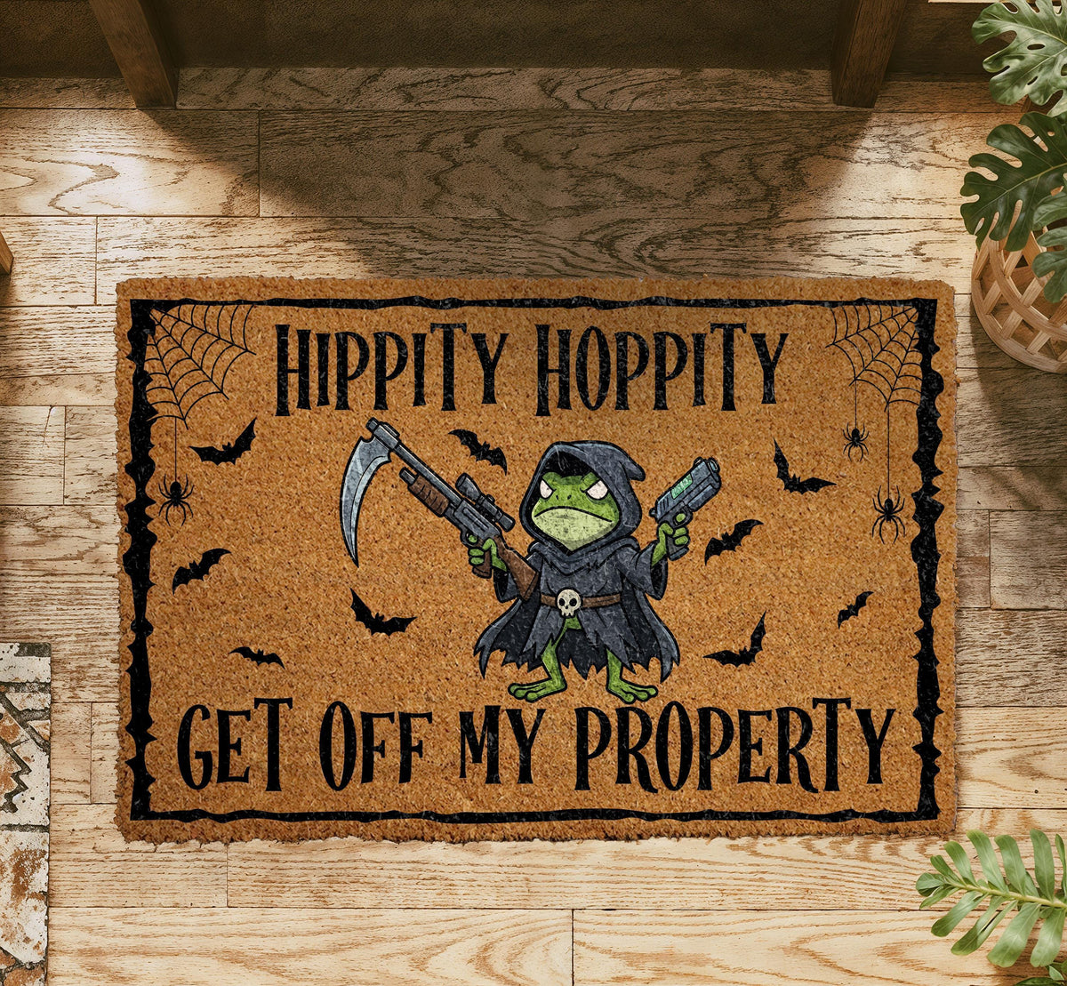 Hippity Hoppity Get Off My Property Halloween Doormat, Funny Spooky Frog Welcome Mat